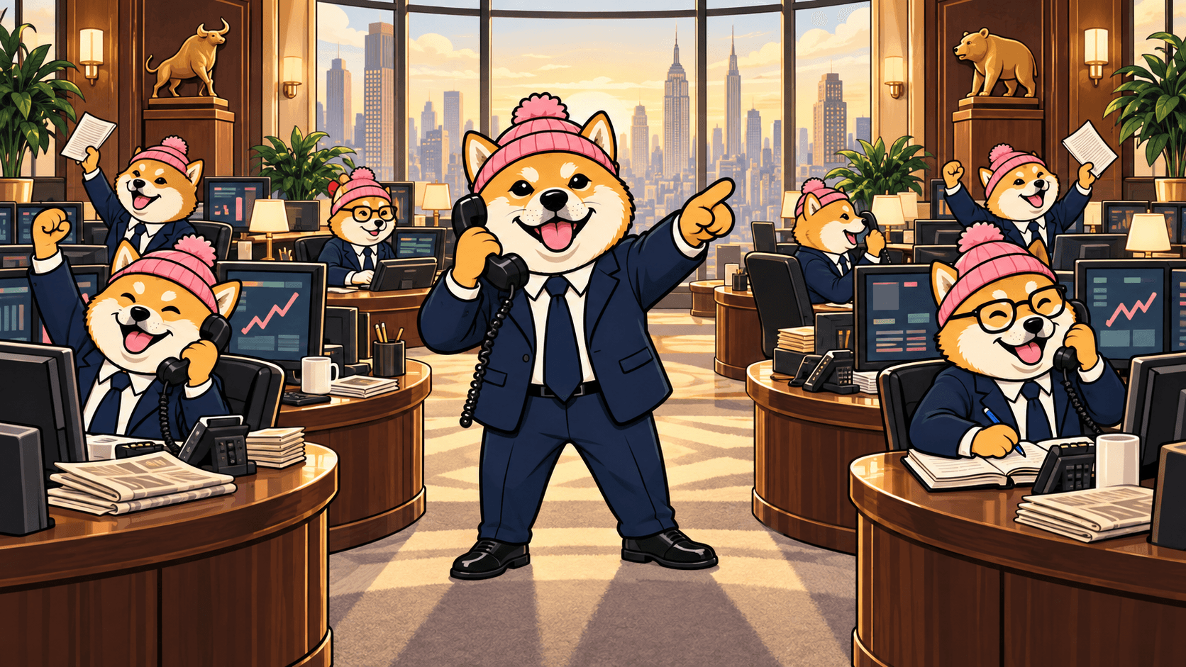 A lively cartoon office of Shiba traders in suits, with warm wooden desks, terminals and a city skyline